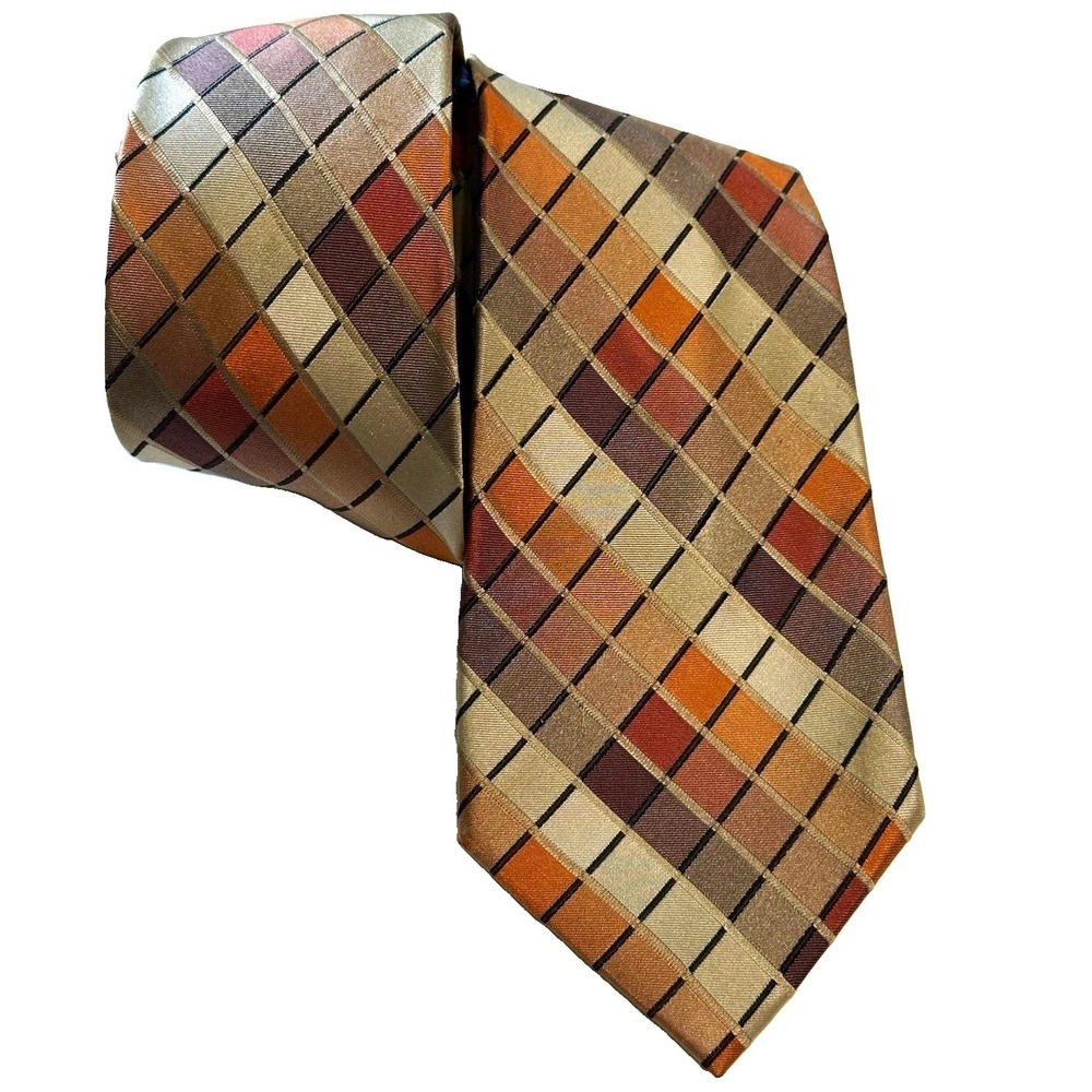 Mens Silk Neck Tie Brown Bronze Tan Woven Geometric Diamond Grid Check Hand Made
